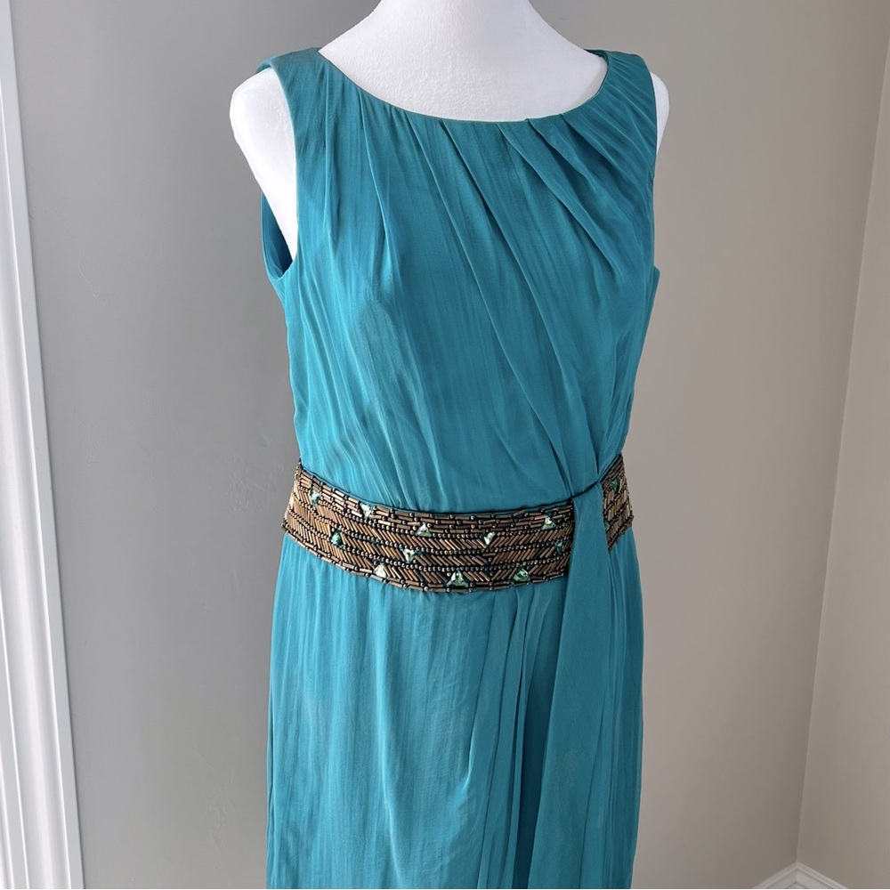 Carmen Marc beautiful %100 silk beaded ruched teal  Size 8